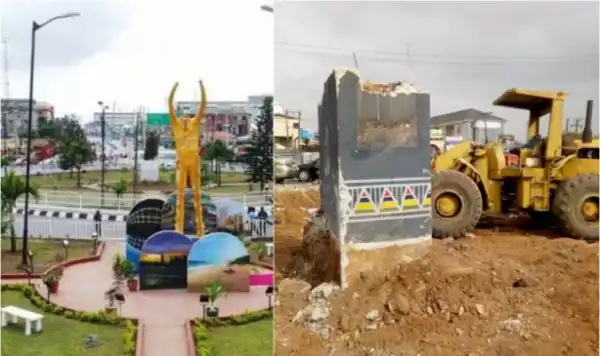 Lagos State Government pulls down Fela’s statue at Allen Roundabout (Photos)